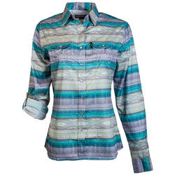 front of purple, silver, blue multi pattern sol shirt with long sleeves