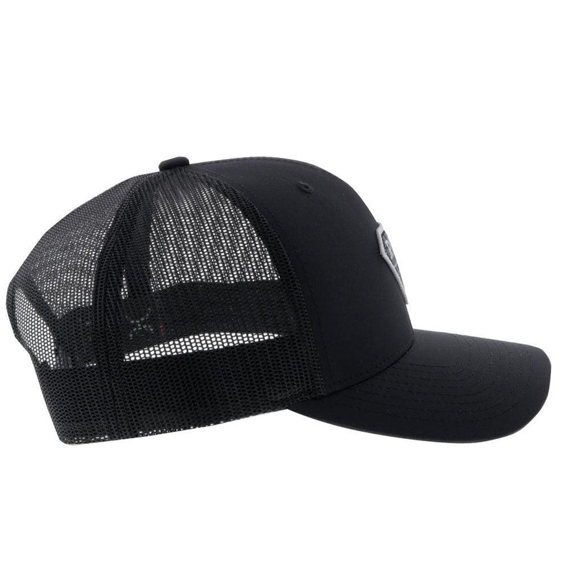 right side view of the black on black RLAG hat