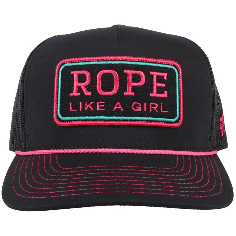 front view of the black RLAG hat with pink stitching, rope detail, and pink and turquoise patch