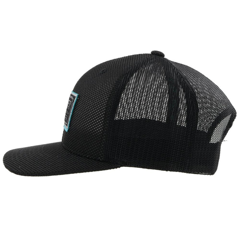 left side of Doc youth black hooey hat with blue and black patch