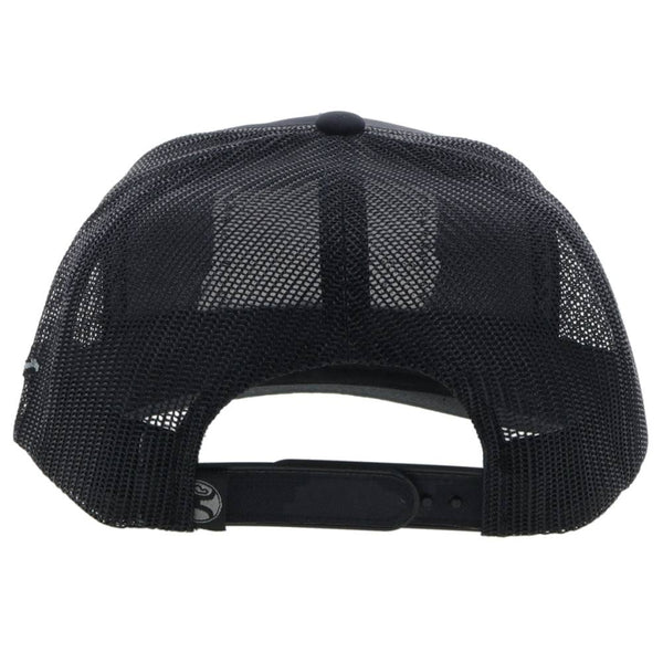 back of the Youth Liberty-roper black on black camo hat with black and grey patch and logo