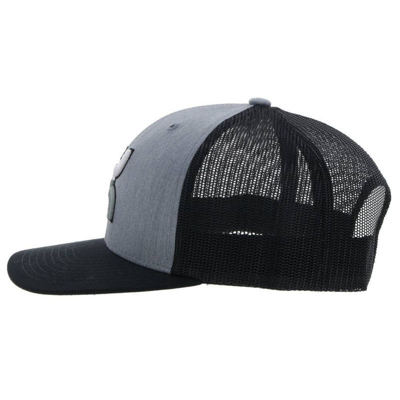 left side of the Youth Texican hat in grey and black with grey and black logo