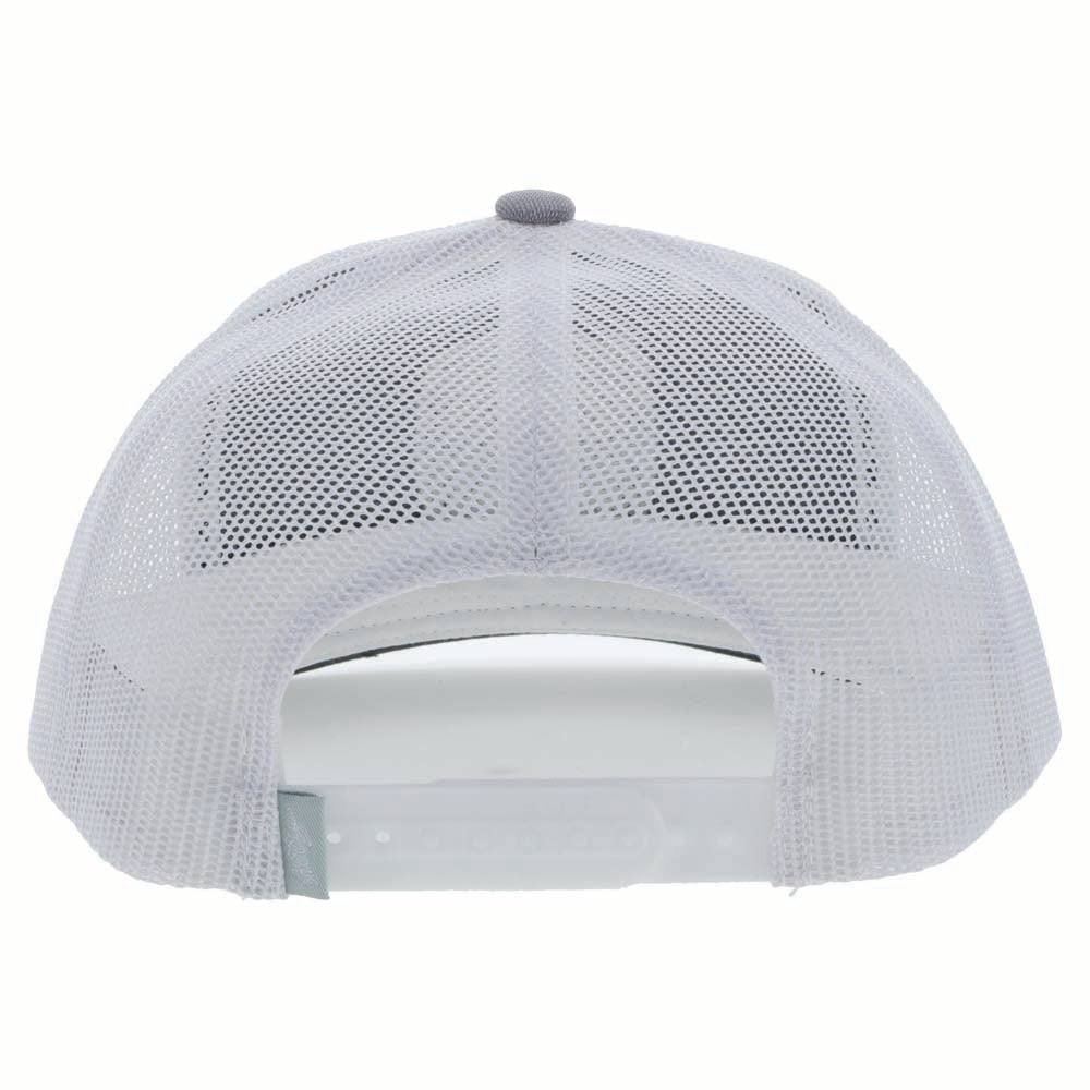 back of the Zenith light grey and white hat with blue, black, and white patch