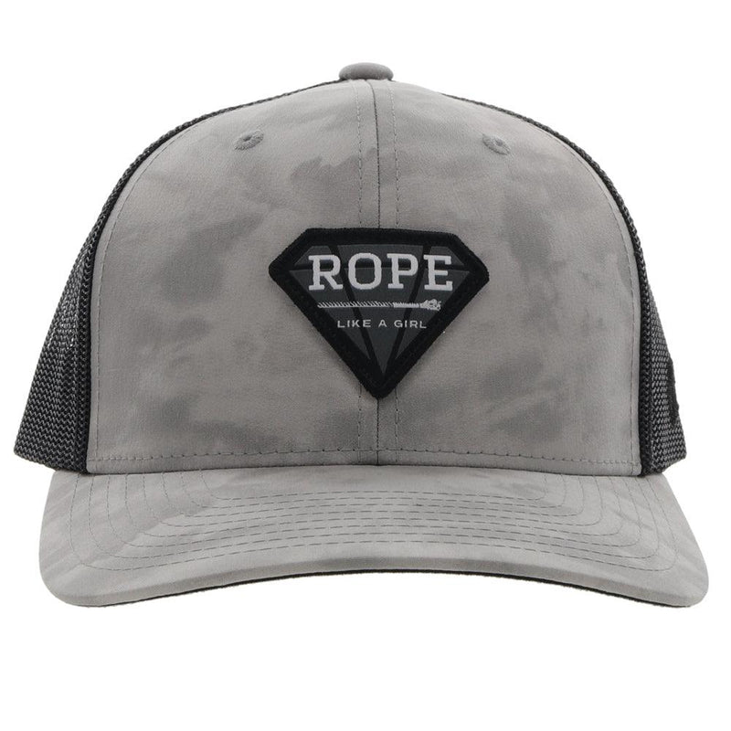 front view of the RLAG black and grey hat with grey smudge pattern, grey, black, and white diamond patch