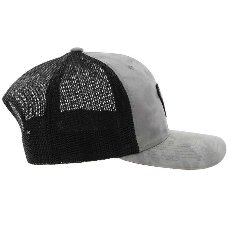 right side view of the black and grey RLAG hat with grey smudge pattern