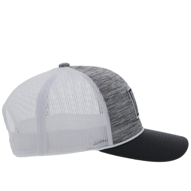 right side of the Doc grey, white, and black hat with grey and white patch and white rope detail