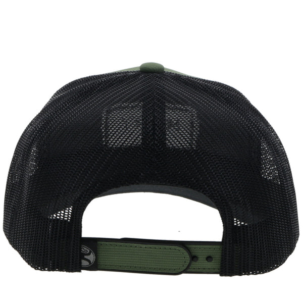 back of the Doc olive, black, and navy hat with black patch