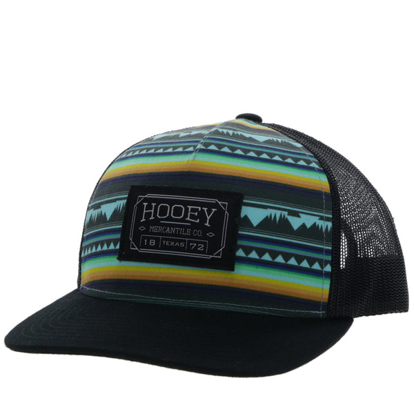 Doc black hat with yellow, blue, teal, and black Aztec pattern on front