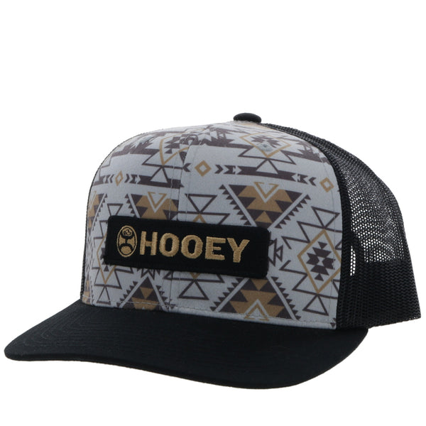 Youth Lock-up grey and black hat with tan and brown Aztec pattern and gold/black patch