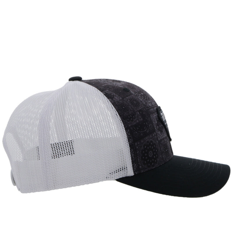 right side view of the white and black bandana printed hat