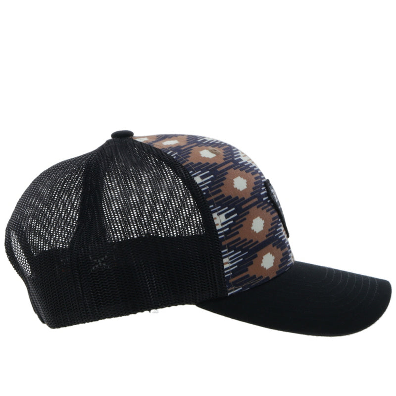 right side view of the RLAG black, tan, cream Aztec print hat