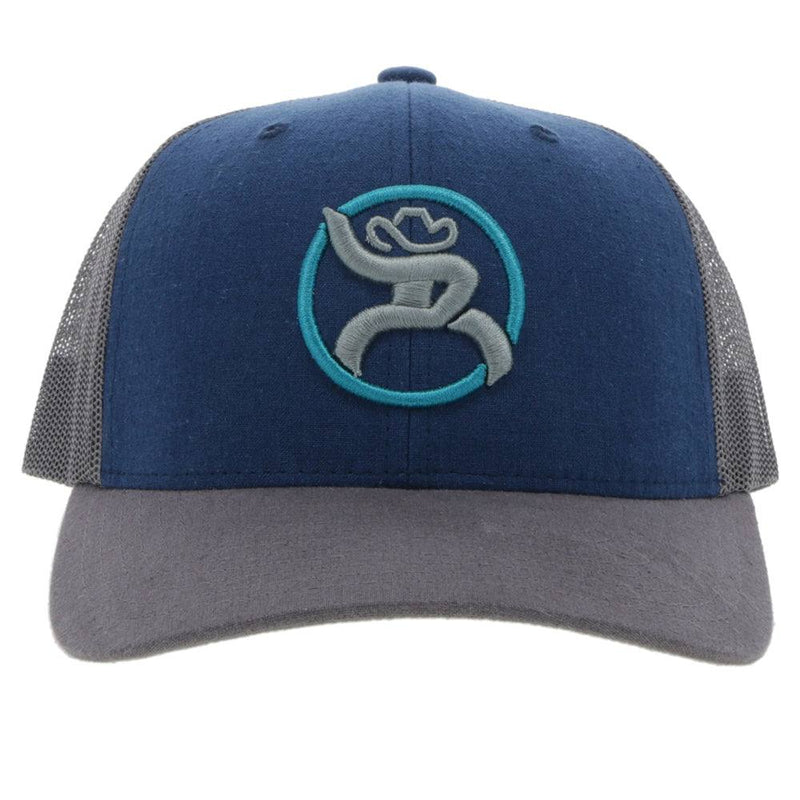front of the Youth Strap hat in blue and grey wit grey and blue roughy logo
