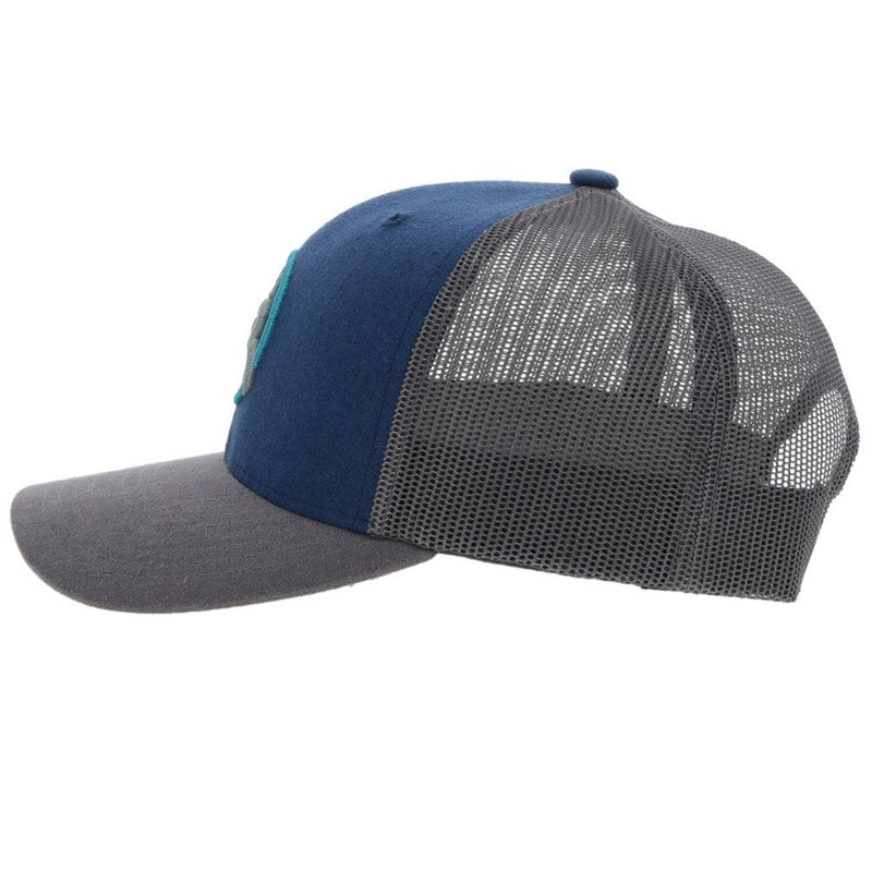 left side of the Youth Strap hat in blue and grey wit grey and blue roughy logo
