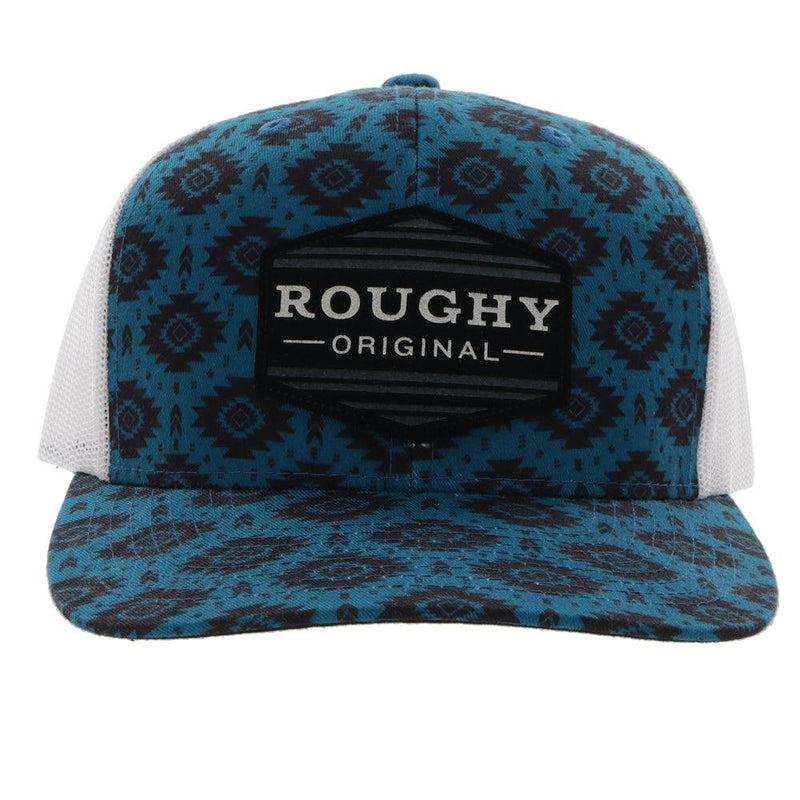 front view of the Tribe Youth Roughy blue and white hat with black Aztec print