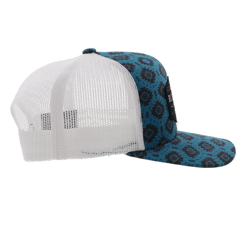 right side view of the Tribe youth Roughy blue and white hat with black Aztec print
