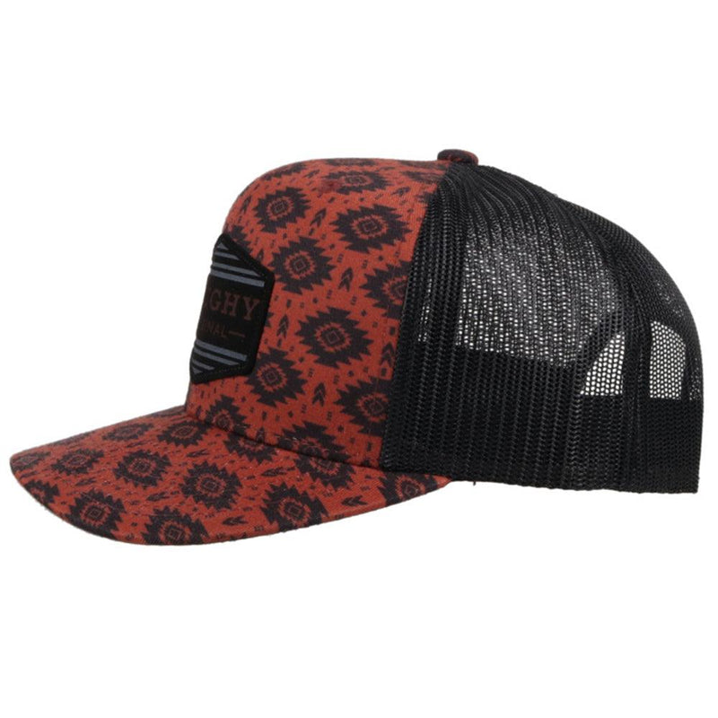 left side view of the Roughy Tribe youth black and red print hat