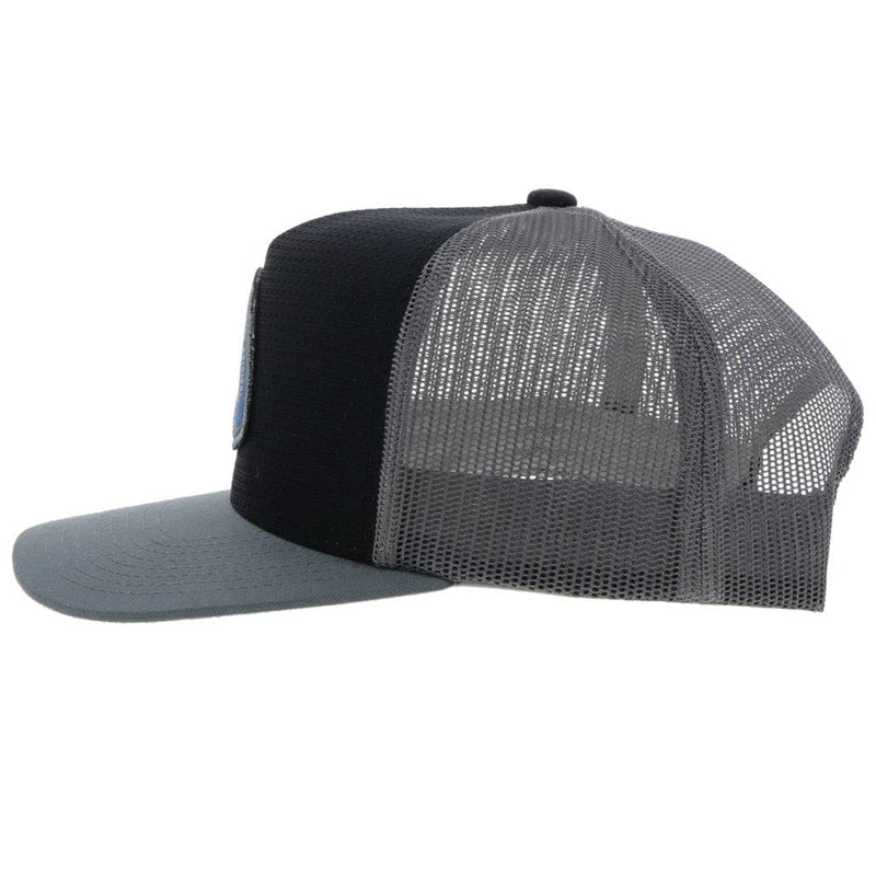 left side of the Youth Summit hat in black and grey with blue and white patch
