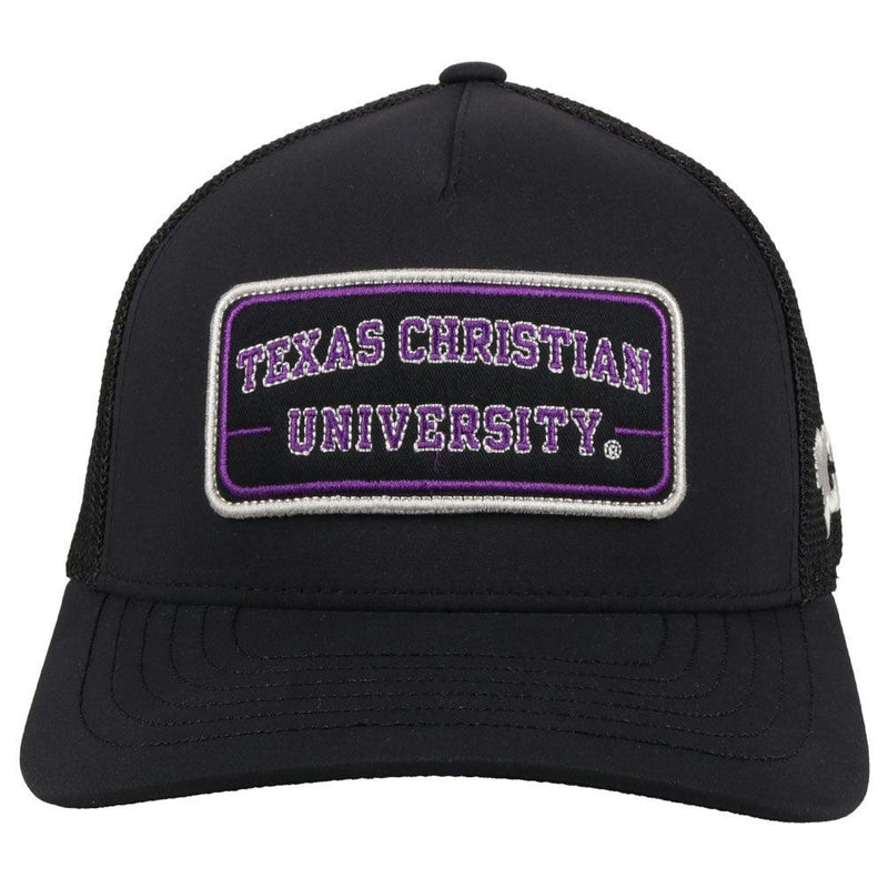 (front) black tcu hat with purple logo sen on front flexfit curved bill hooey baseball cap