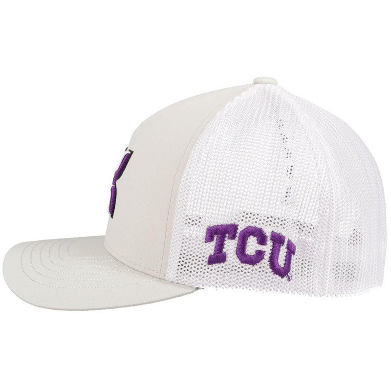 side view - grey and white texas university hat with hooey roughy man logo
