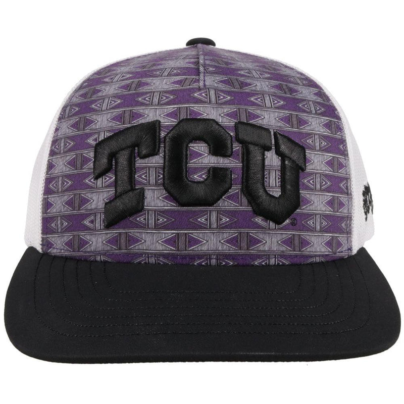 front view. aztec pattern purple tcu hat with white mesh back and black bill by hooey
