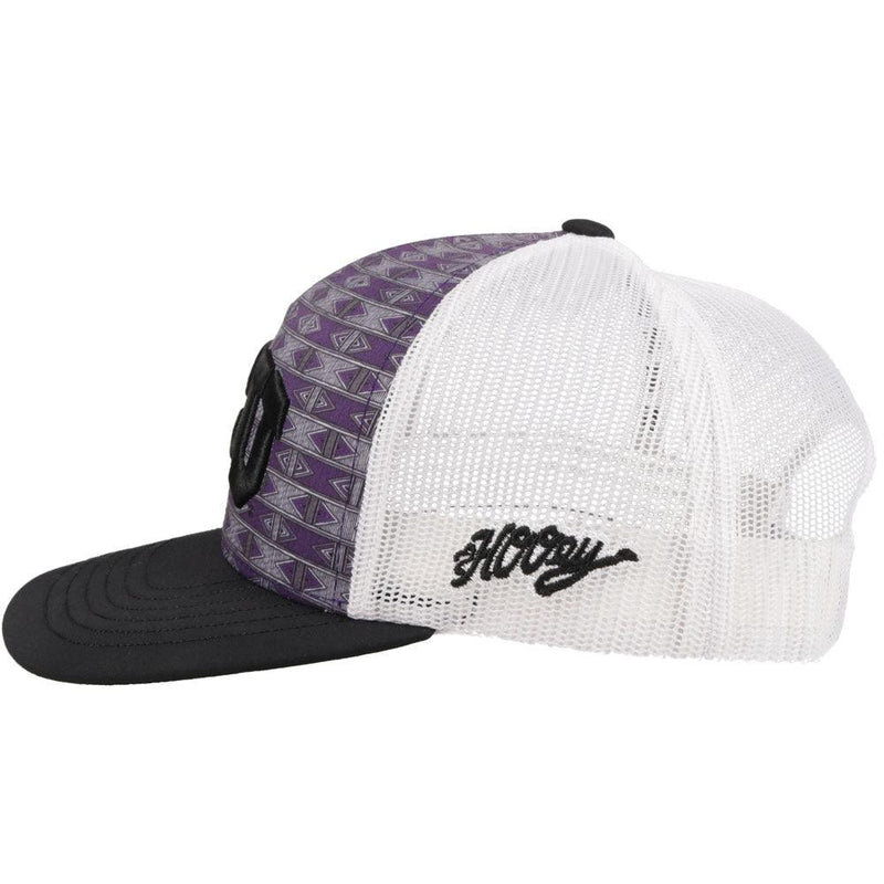 side view - aztec pattern purple tcu hat with white mesh back and black bill by hooey