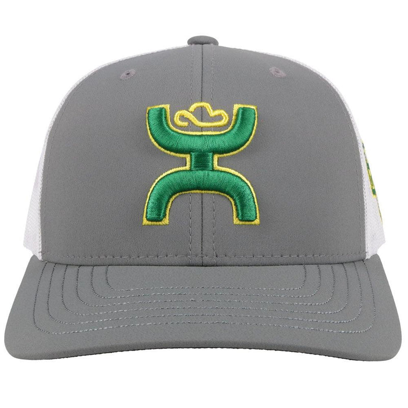 front of the Baylor University grey and white hat with green and gold Hooey patch