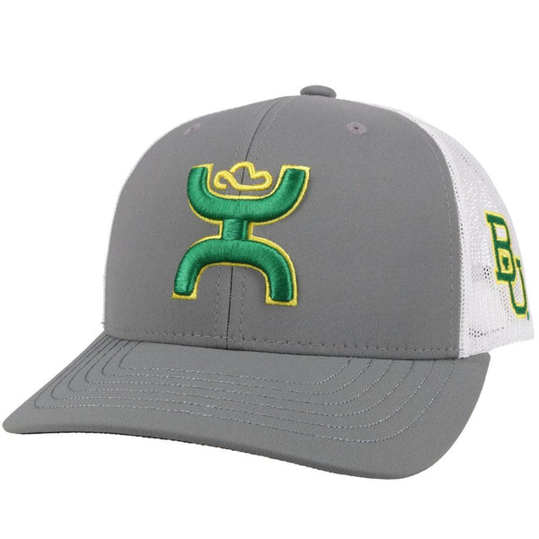 Baylor University grey and white hat with green and gold Hooey patch