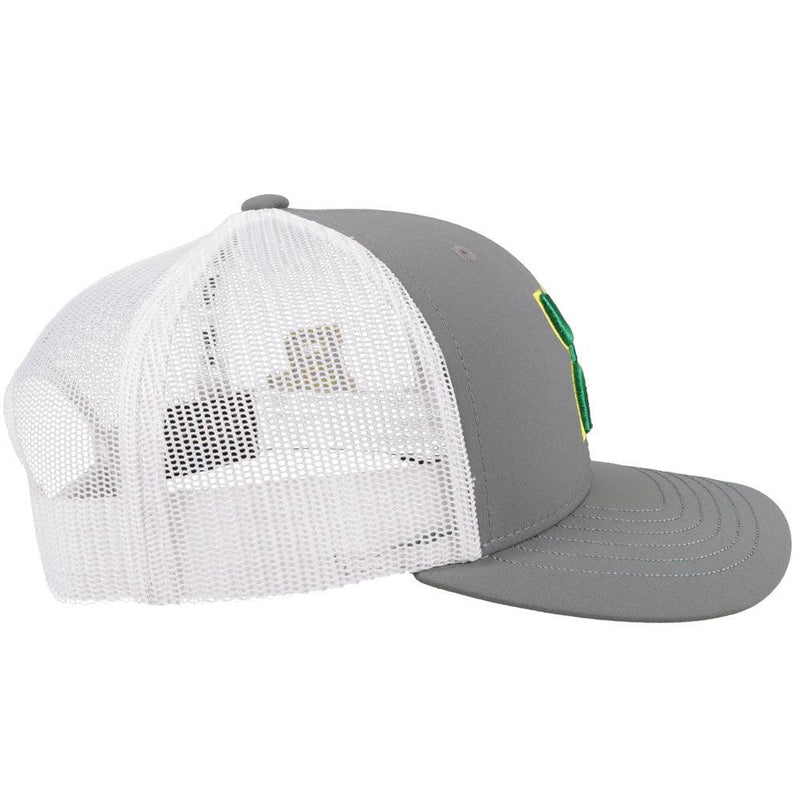 right of the Baylor University grey and white hat with green and gold Hooey patch