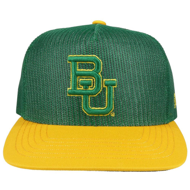 front of the Baylor University green hat with gold bill and green and gold embossed BU patch