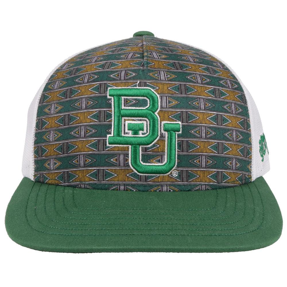 front of the Baylor university white mesh, green bill, and green and gold Aztec pattern on the front panel with an embossed white and green BU patch