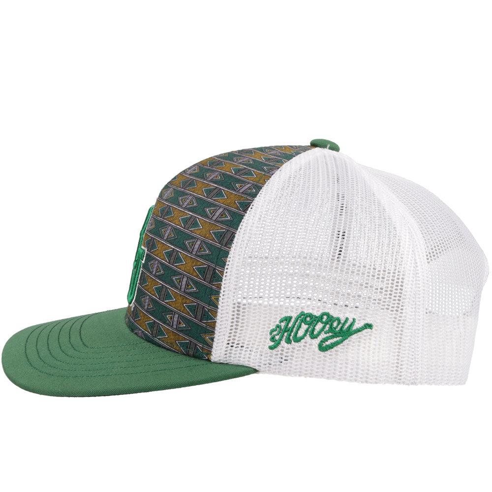 left of the Baylor university white mesh, green bill, and green and gold Aztec pattern on the front panel with an embossed white and green BU patch