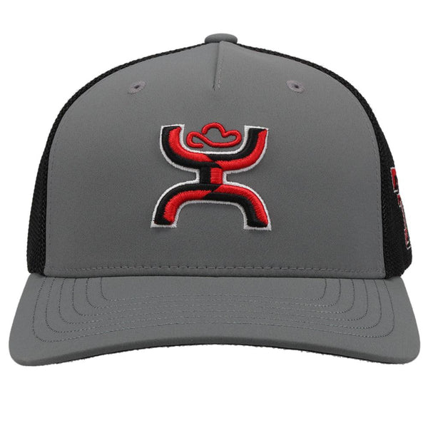 front of the grey and black texas tech hat with red and black hooey and TT logo in flexfit