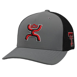 grey and black texas tech hat with red and black hooey and TT logo in flexfit