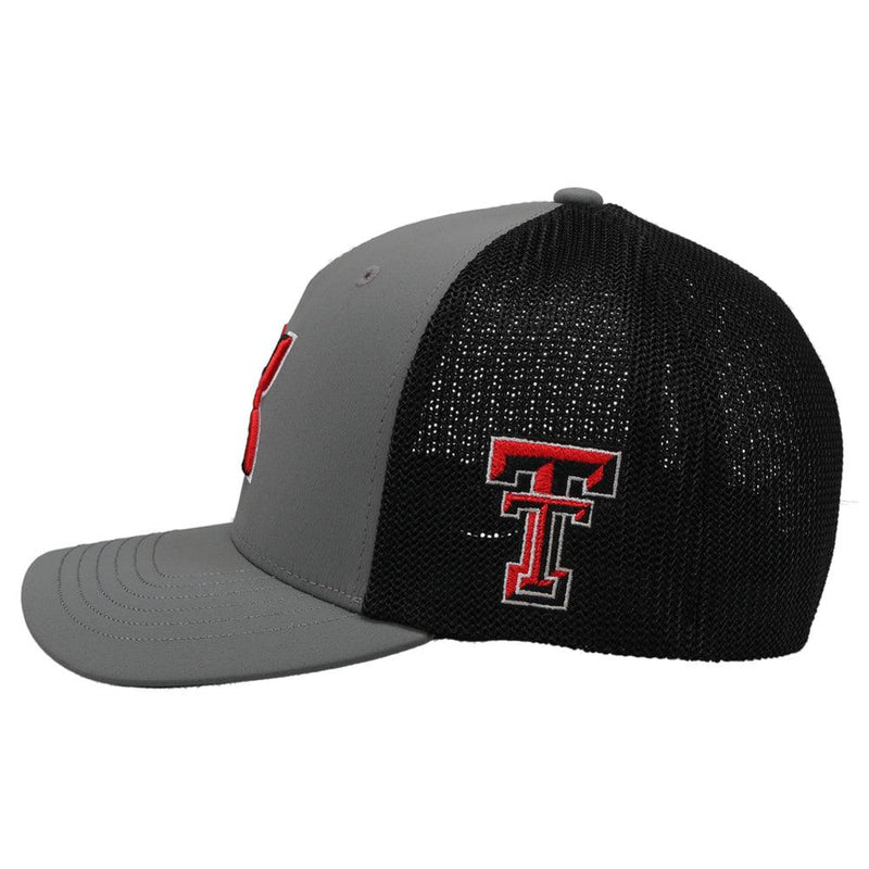 left side of the grey and black texas tech hat with red and black hooey and TT logo in flexfit