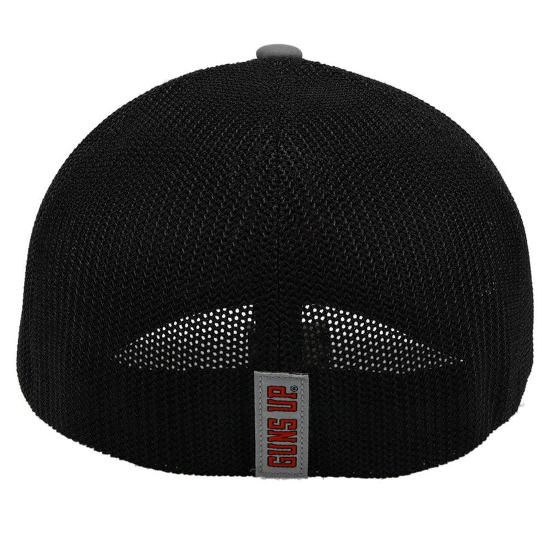 back of the grey and black texas tech hat with red and black hooey and TT logo in flexfit