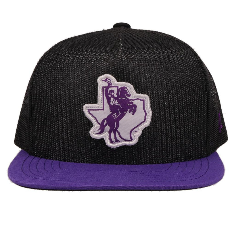 front of the Tarleton State University hat in black with purple bill, and purple and white patch