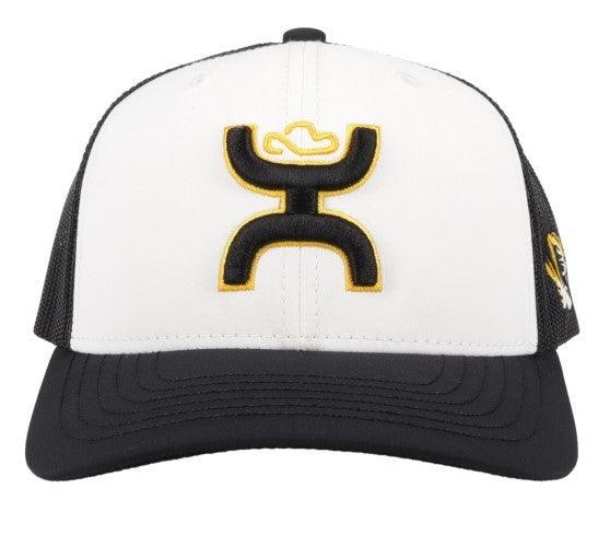 front of the Missouri white and black hat with gold and black Hooey logo