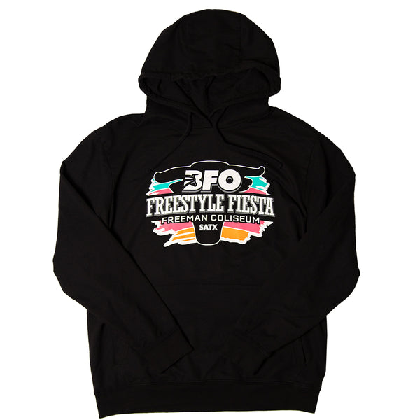 BFO fiesta free style black hoody with pink, teal, orange BFO logo