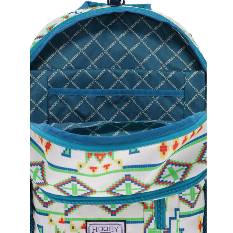 interior view of the Rockstar backpack with teal base and white Hooey logo in criss cross pattern