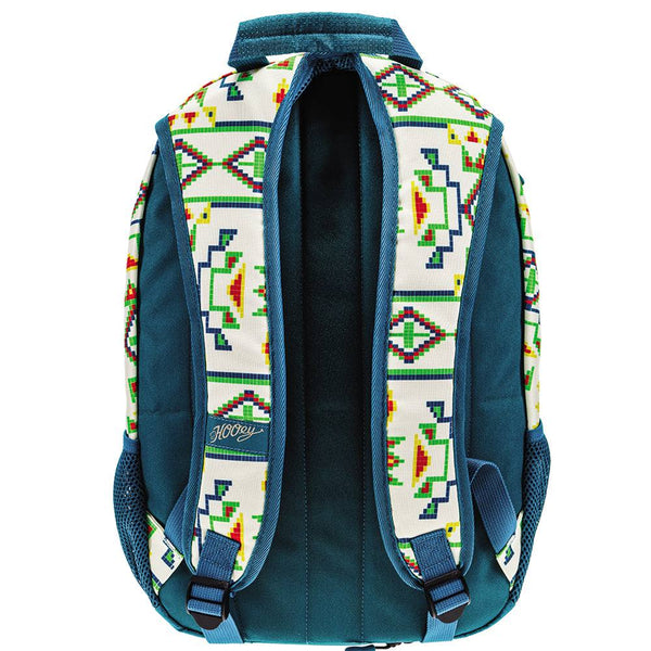 back of the Rockstar backpack with teal back pad, cream, teal, red, yellow, green breaded pattern on arm straps