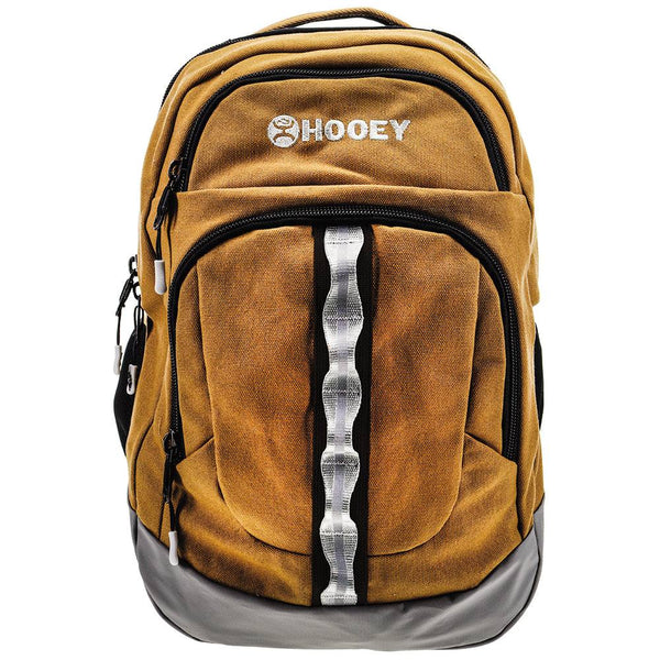  OX tan backpack with black zippers, grey and black straps, grey hooey logo