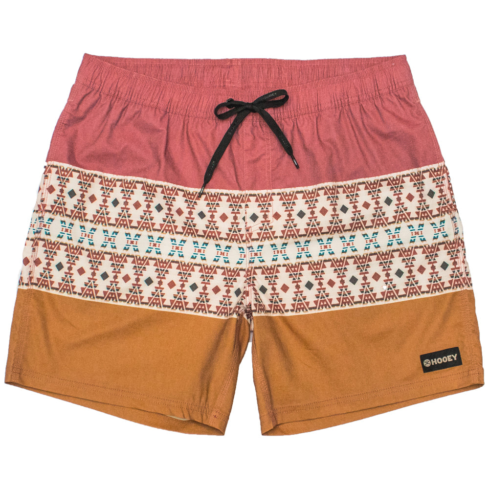 Bigwake red and orange shorts with Aztec pattern across the center