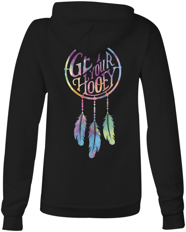 back of the youth dreamcatcher black hoody with purple, blue, green, yellow logo