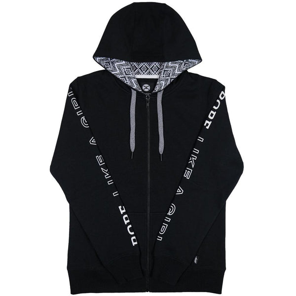 rope like a girl black full zip hoody with white text on sleeves and pattern in hood lining