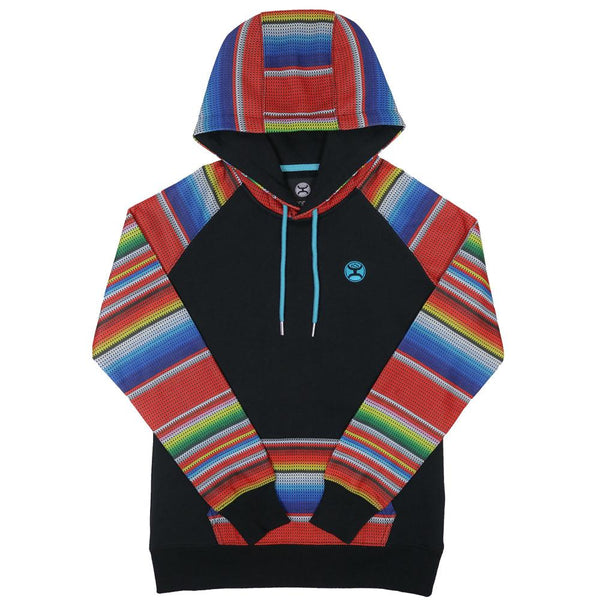 Tijuana black hoody with red, green, yellow, blue striped pattern on sleeves and hood