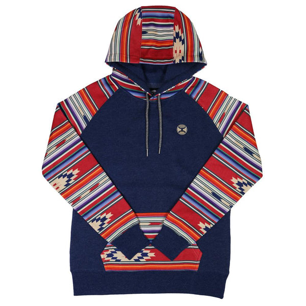 Taos heather navy hoody with red, orange, white, blue purple aztec and serape pattern on sleeves and hood