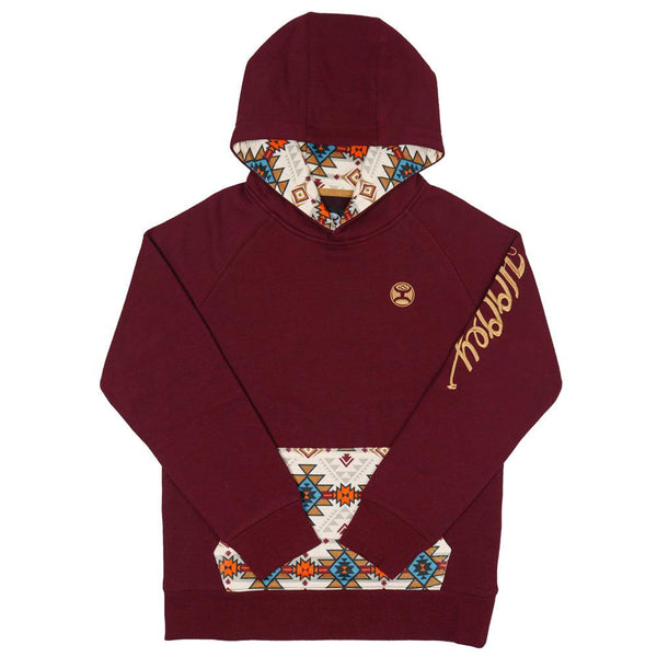 youth monterrey heather maroon hoody with gold logo, brown, orange, turquoise, white aztec pattern on pocket and hood lining