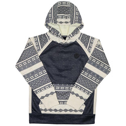 youth maya heather black hoody with cream and black pattern on sleeves, hood, and pocket
