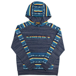 youth canyon navy hoody with yellow, blue, pattern on sleeves, pocket, and hood
