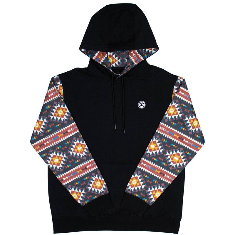 summit black hoody with red and tan aztec pattern on sleeves and hood lining